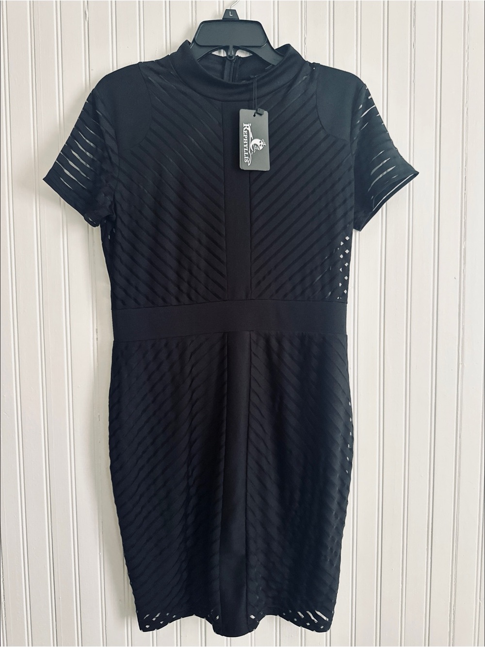 🔥REPHYLLIS Black Mock Neck Mesh Striped Bodycon Dress - Size L (NWT)🖤
